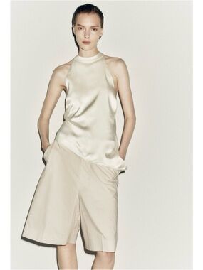 Zara Asymmetrical Halter-neck Satin Blouse in Cream Size Small